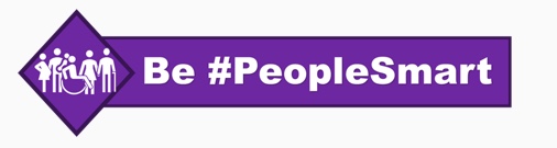 Be #PeopleSmart logo, white wording on purple rectangle, to left of wording image of an inclusive society